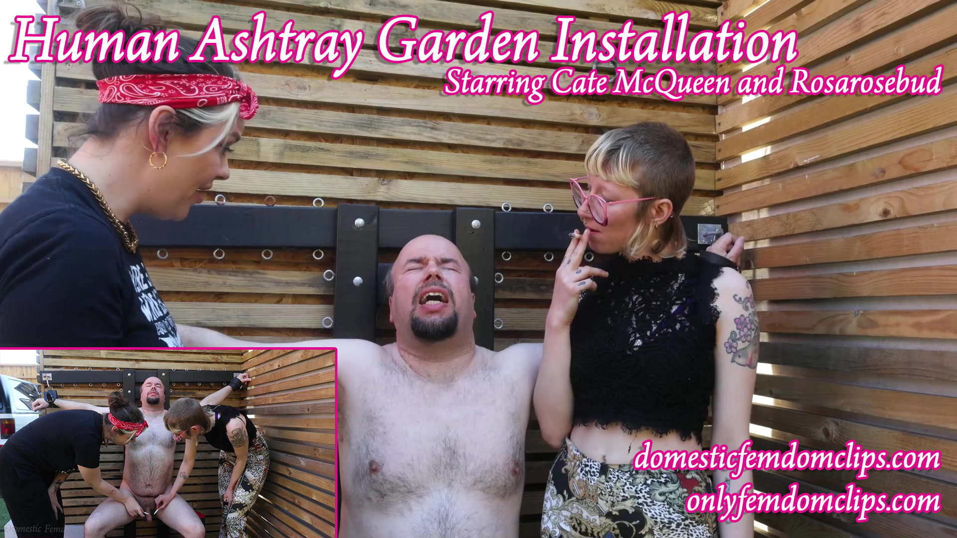Three people are in a wooden enclosure; a topless man is seated and grimacing while two women, one smoking and one talking, stand beside him. Text overlays promote a Human Ashtray Garden Installation.