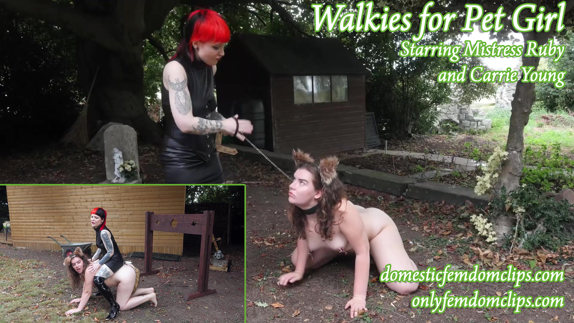 A woman with red hair and tattoos holds a lead attached to a collar worn by another woman with animal ears, crawling on the ground outdoors. An inset shows the crawling woman in stocks. Text overlays appear on the image.