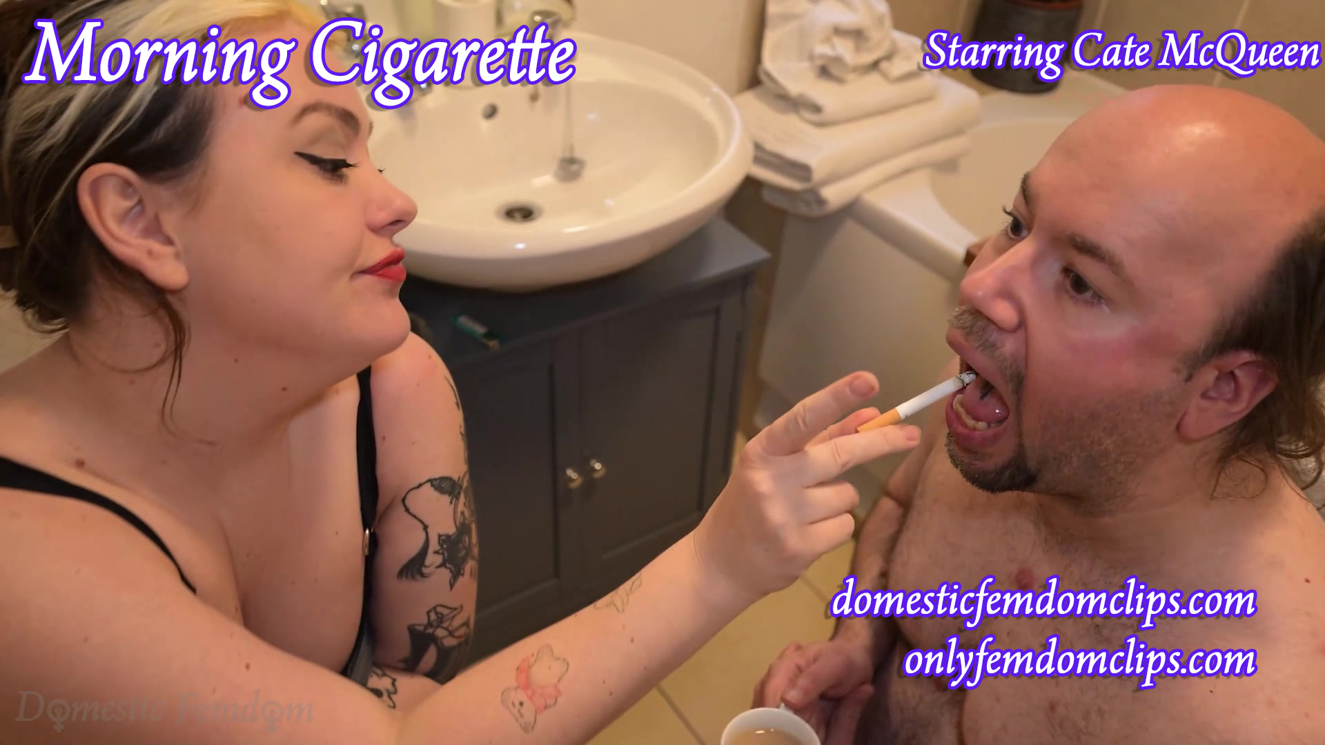 A woman with tattoos holds a cigarette to a man's mouth in a bathroom. The man sits with his mouth open, and a sink is visible in the background. Text overlays promote websites and feature the names Morning Cigarette and Cate McQueen.